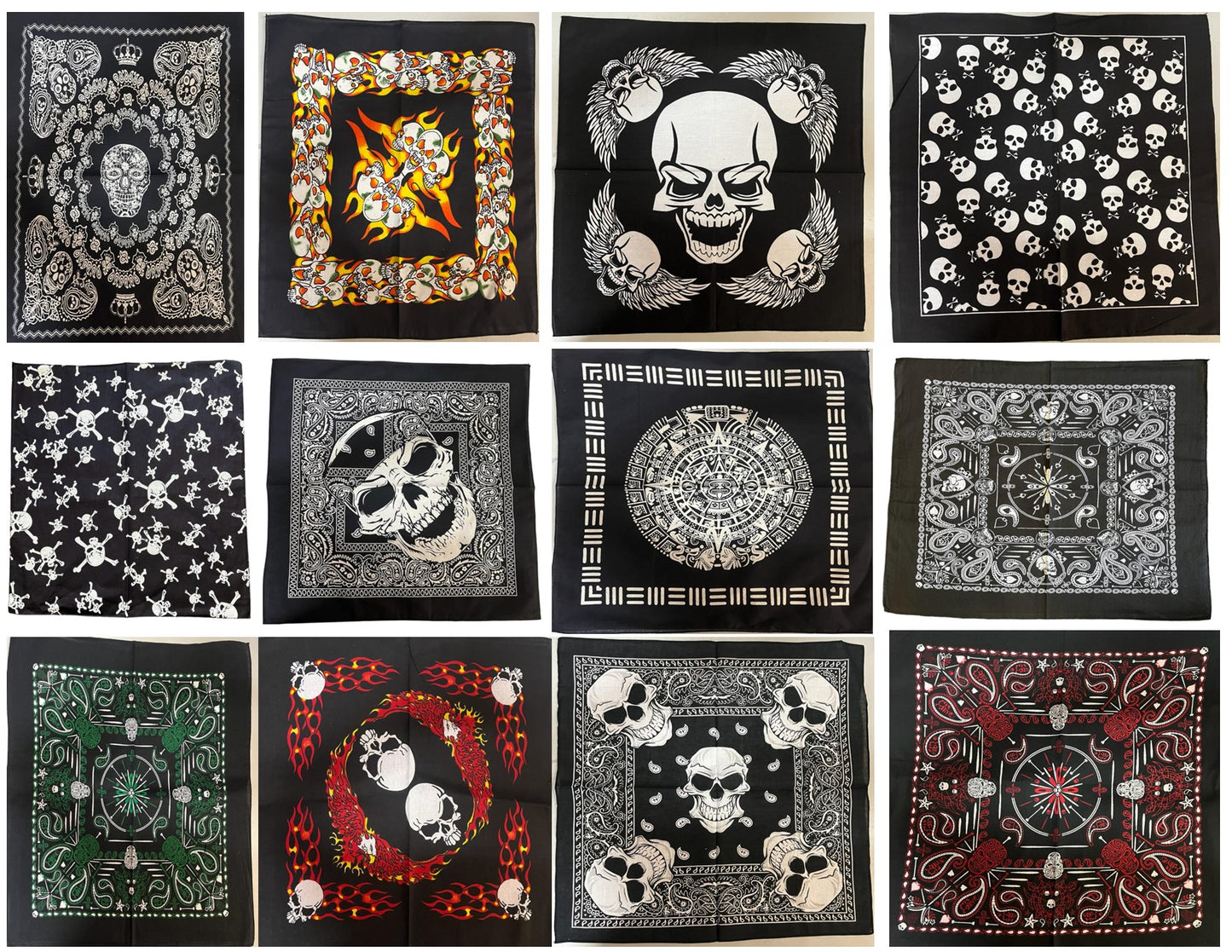 Biker Skull Design Bandanas Dozen Pack 22X22 (9 Styles)