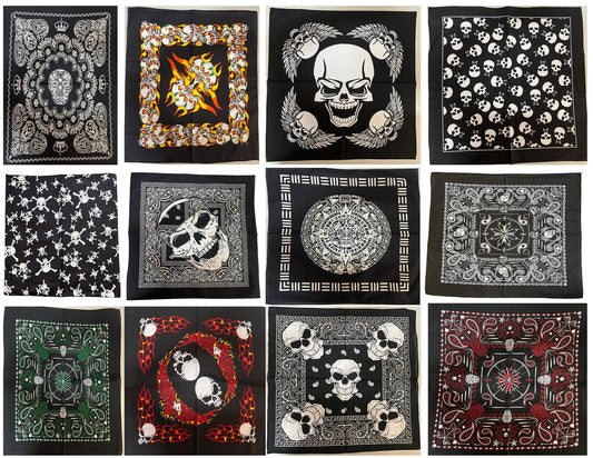 Biker Skull Design Bandanas Dozen Pack 22X22 (9 Styles)