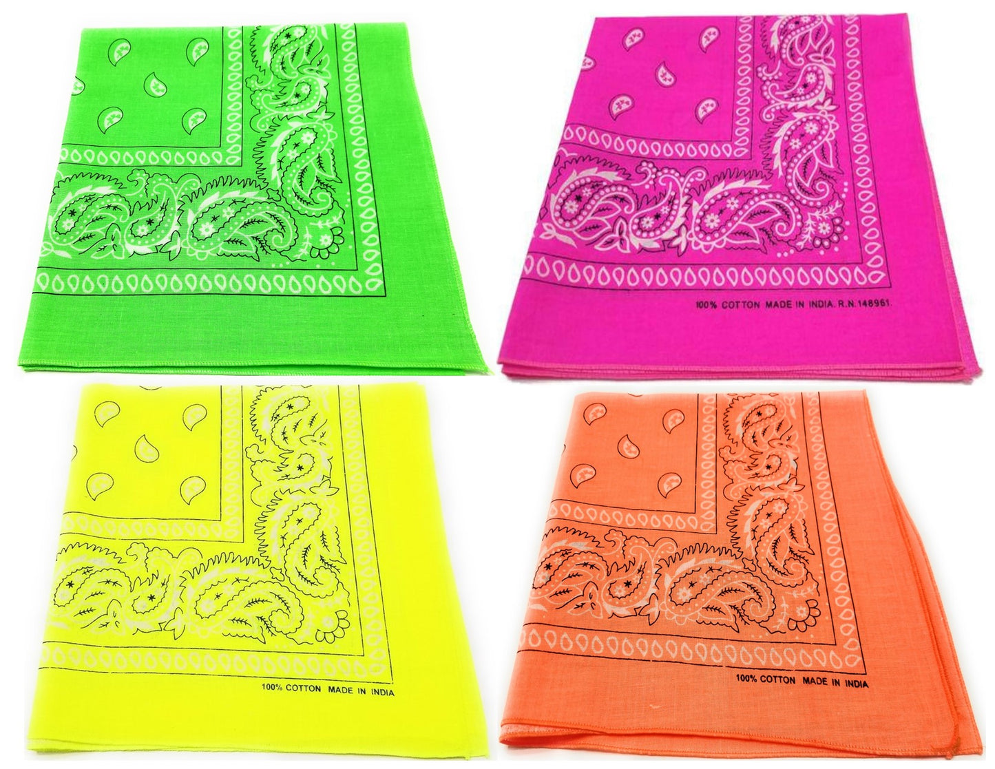 Neon Paisley Bandanas 22X22 Dozen Pack (4 Colors)